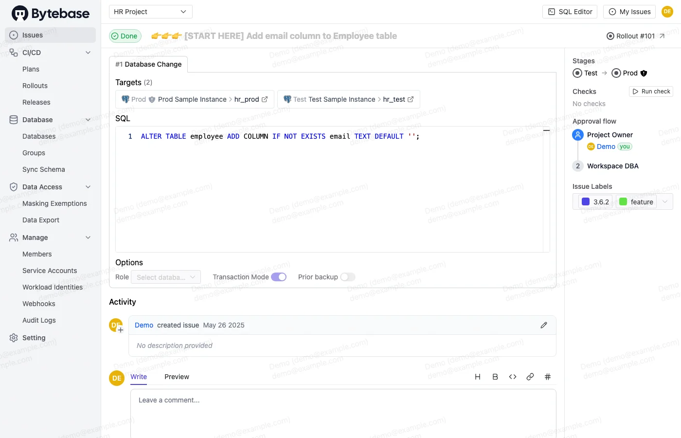 Bytebase issue detail showing a schema migration with SQL diff, environment deployment stages, and DBA approval controls